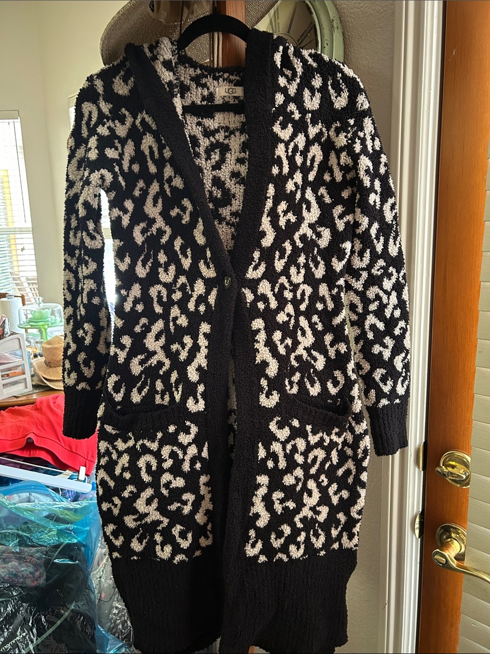 UGG Black and Cream Leopard Knit Open-Front Cardigan